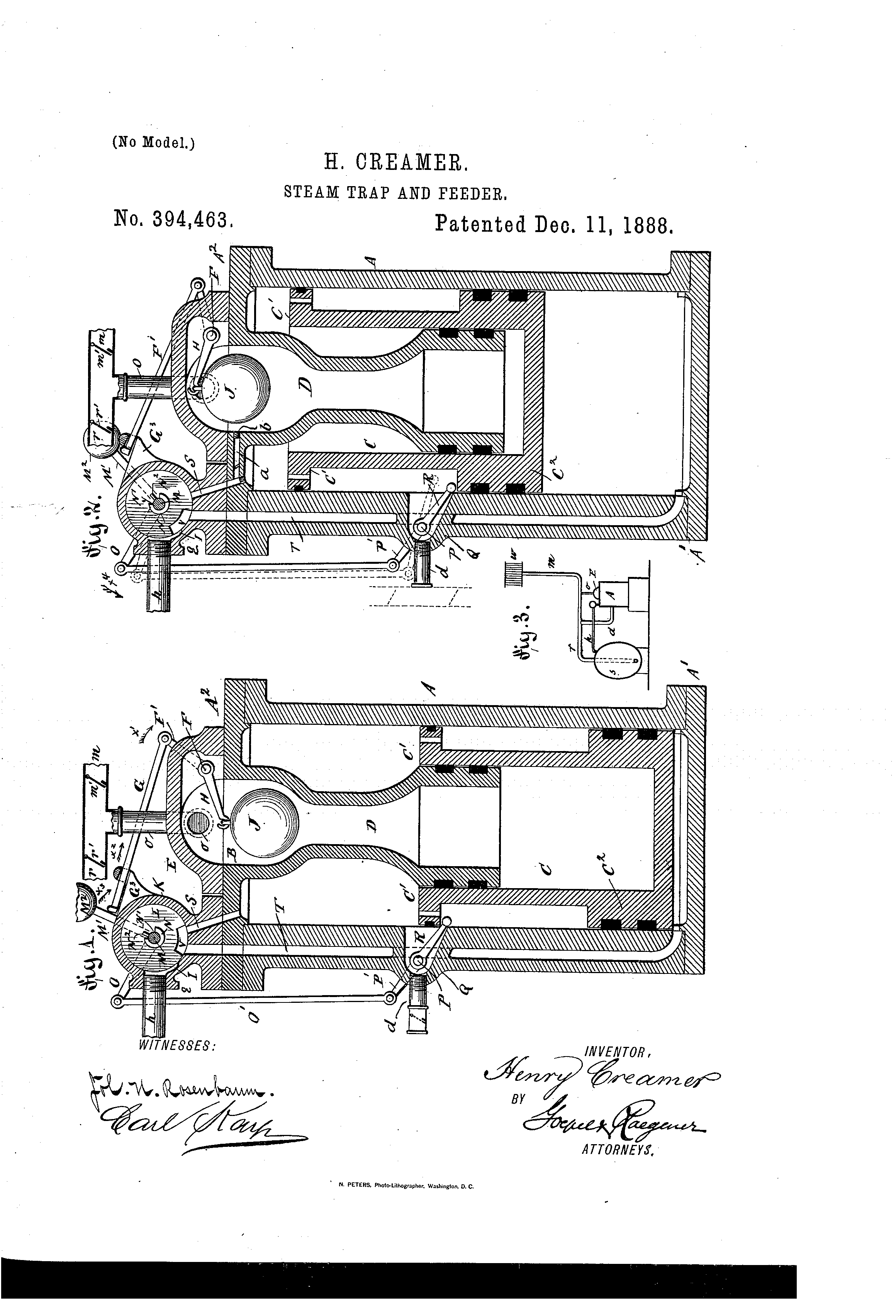 Steam trap and feeder – Henry Creamer – 1888 – Patent: US394463A – My 2 ...