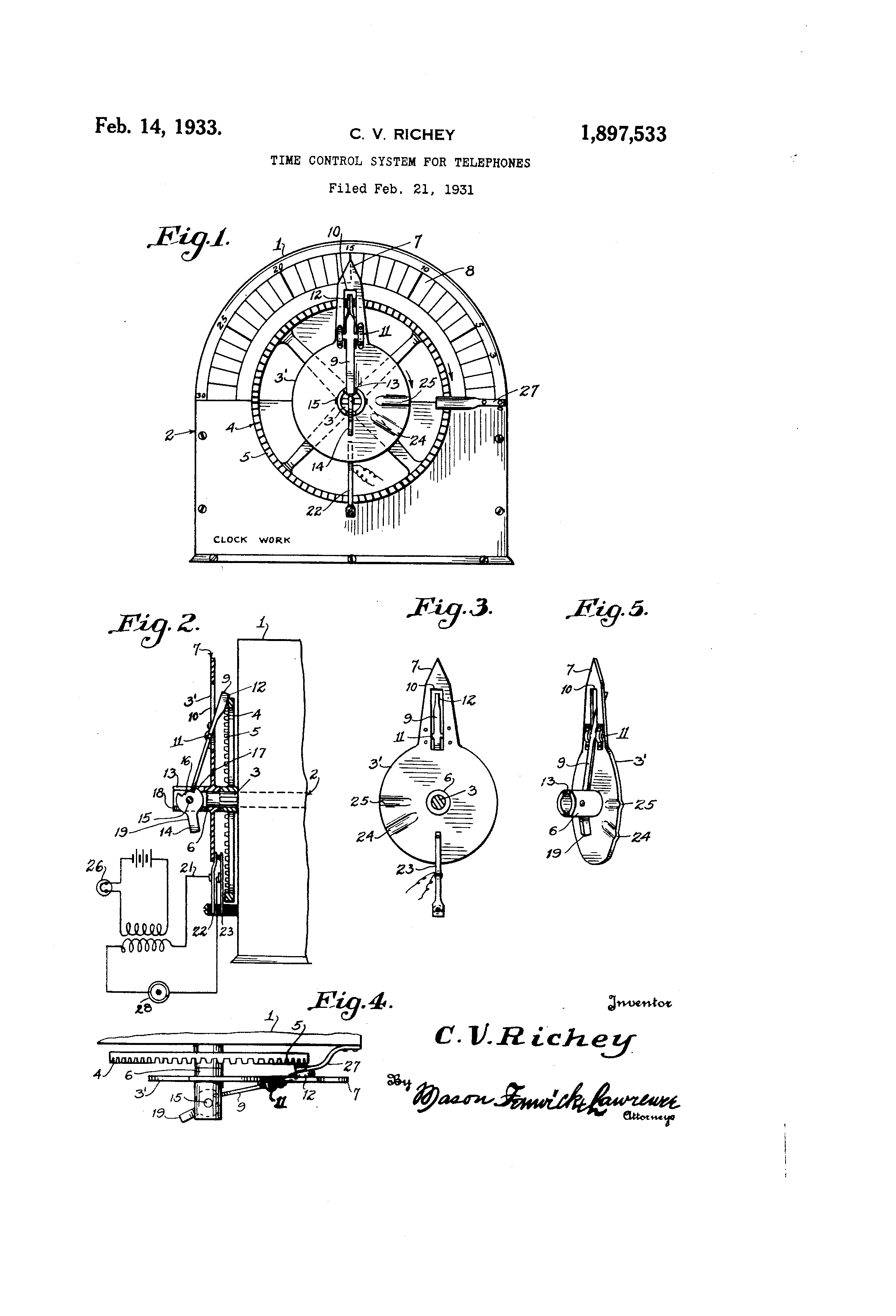 Time control system for telephones – Charles V. Richey – 1933 – Patent ...