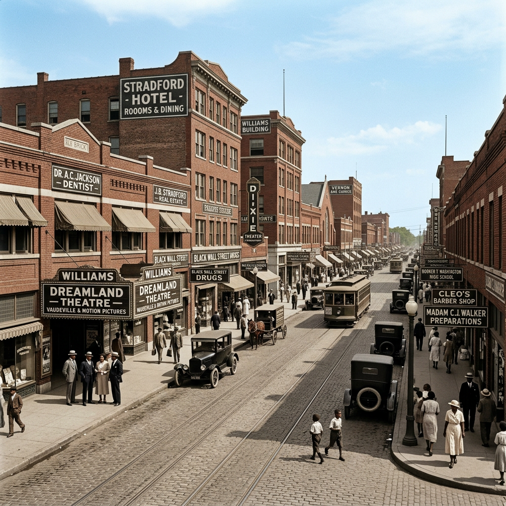 Busy street with shops, theaters, cars, trolley, and pedestrians in historic Black Wall Street